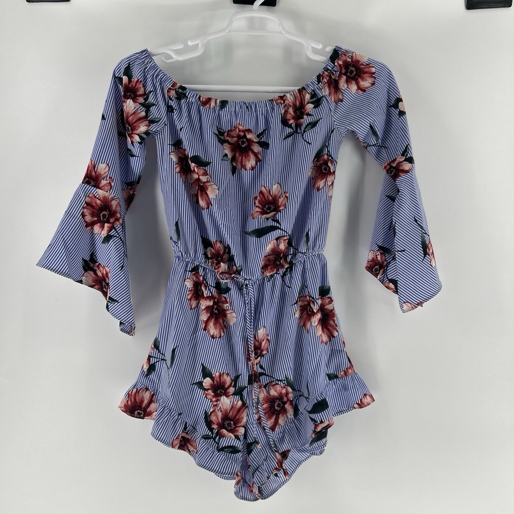EM Romper Women's Small Blue Floral Fairycore Feminine Off Shoulder Bohemian